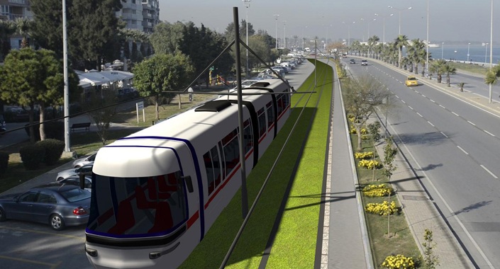 Konak Tramvayı’nda sıra Halkapınar geçişinde