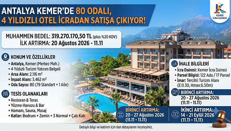 Kemer’de 80 odalı ve 4 yıldızlı otel, icradan satışa çıkıyor!